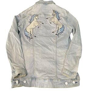 LuLaRoe Light Wash Denim Jacket With Unicorn Patches Size Medium